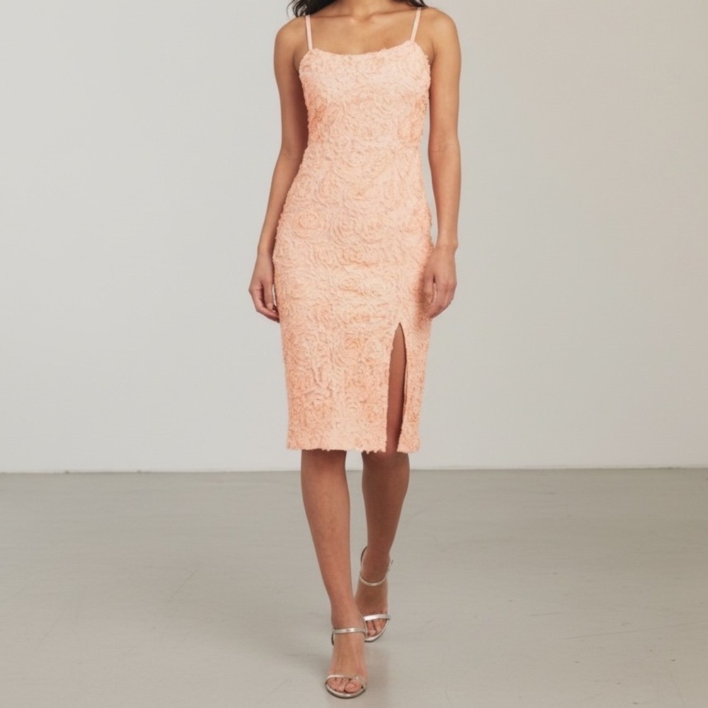 Christian Siriano Floral Textured Midi Dress Resort Wear Wedding Guest Peach 4‎
